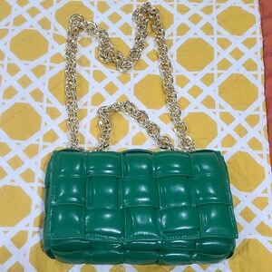 Green Faux Leather Woven Chain Shoulder Bag
